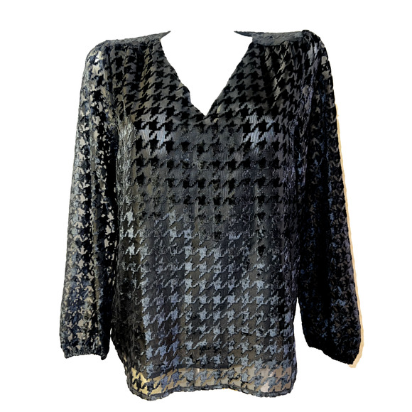 ANN TAYLOR Top Size S Black Houndstooth Shirred V-Neck LS Burnout Velvet Shirt - Picture 1 of 6